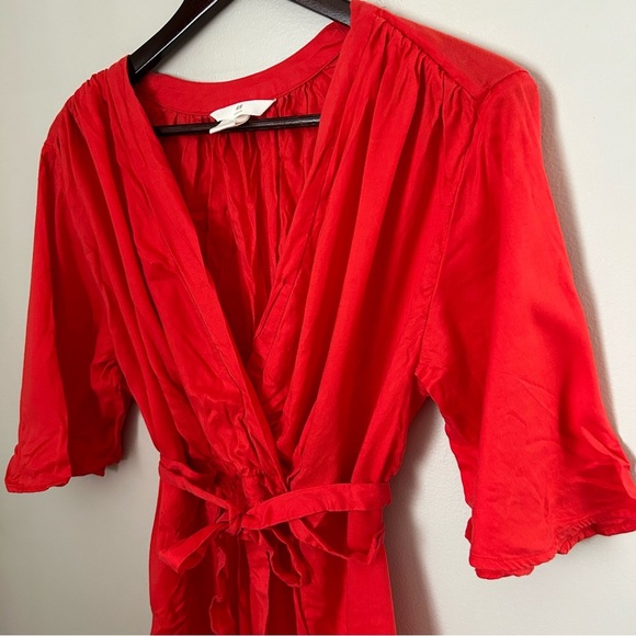 H&M LOGG Dress Red V-Neck Tie Waist Red Orange Casual Solid Neutral - Picture 4 of 10